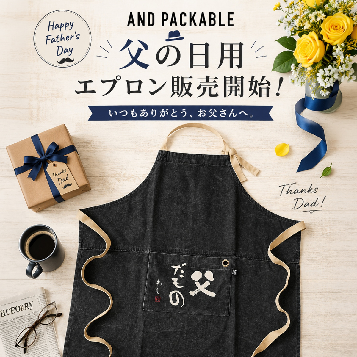 【AND PACKABLE】PAP エプロン チチダモノ BK 父の日