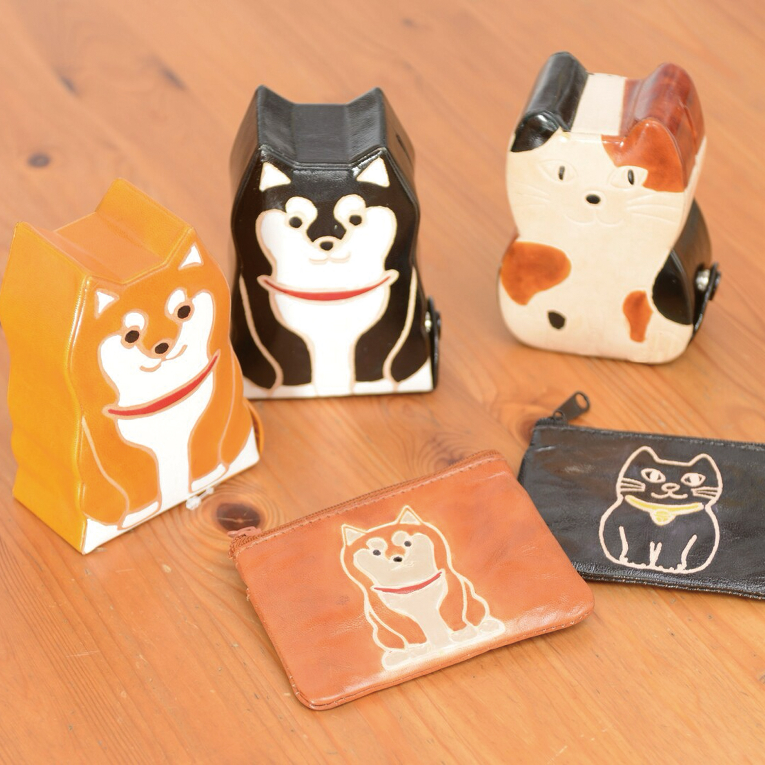 【AND PACKABLE】 レザーアイテム コインボックス コイン財布 犬 猫 レトロ