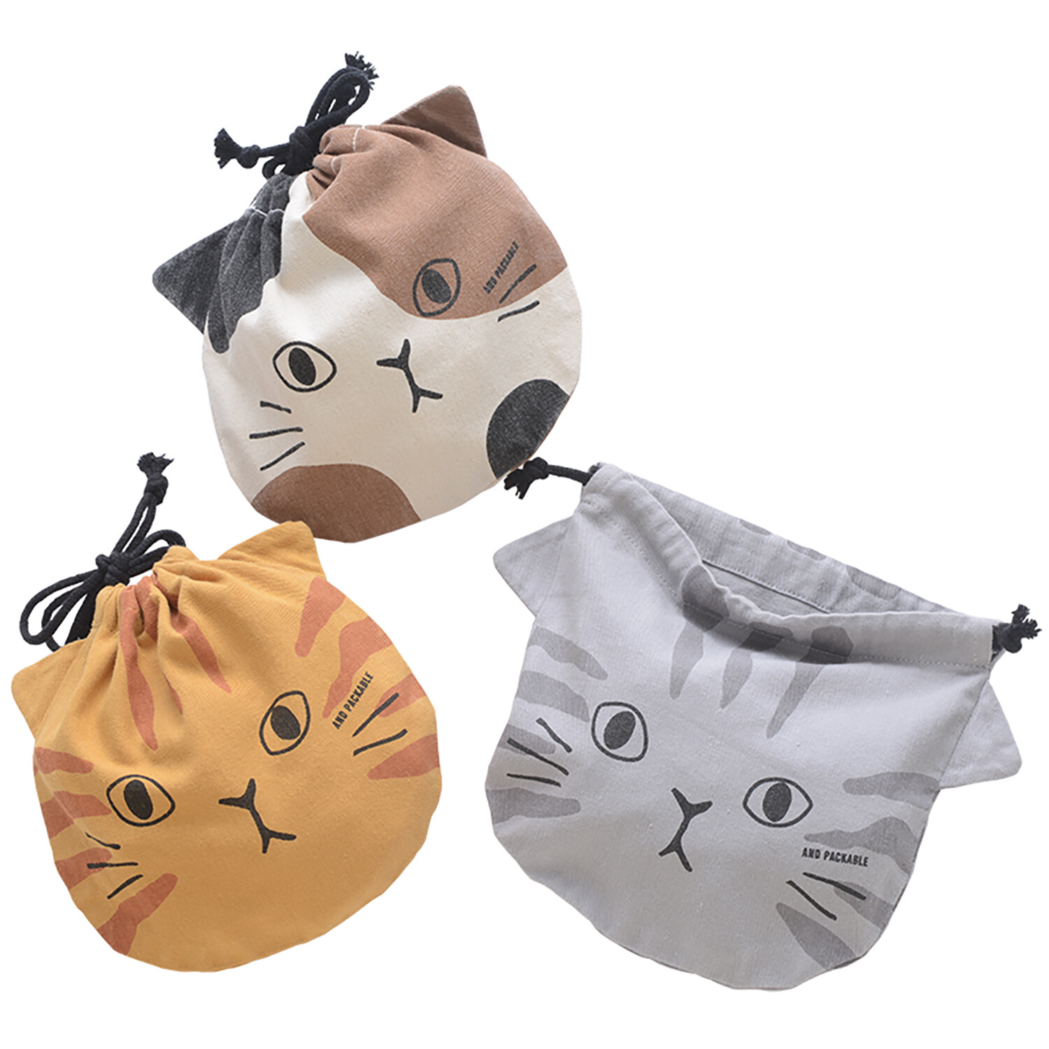 【AND PACKABLE】 巾着ポーチ 猫