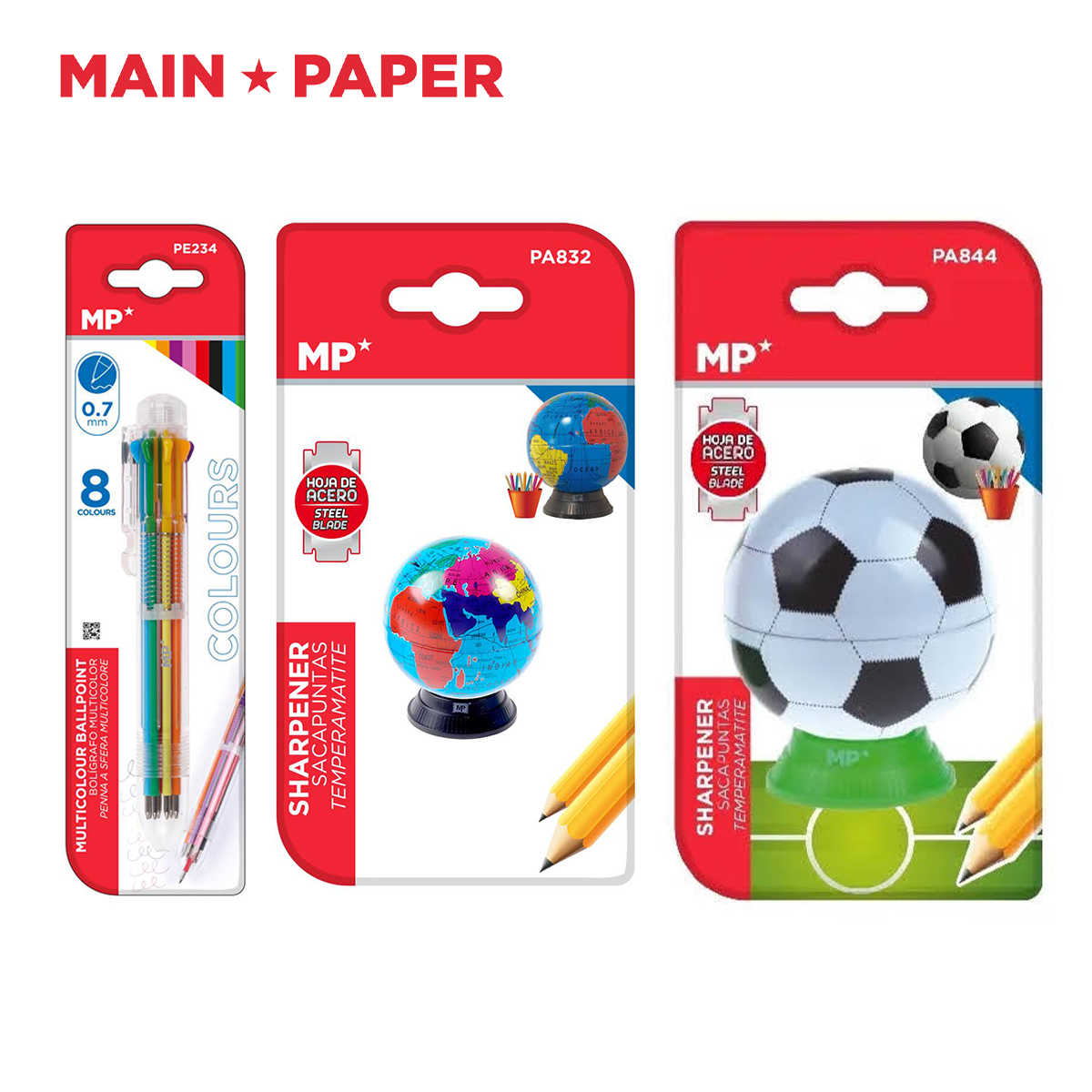 【MAIN☆PAPER】フットボールシャープナー&8色ボールペン 鉛筆削り 文房具
