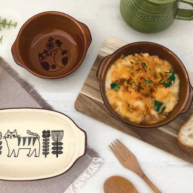 【Decole】FIKA オーブンウェアシリーズ 萬古焼 グラタン皿&ココット&マグカップ 猫