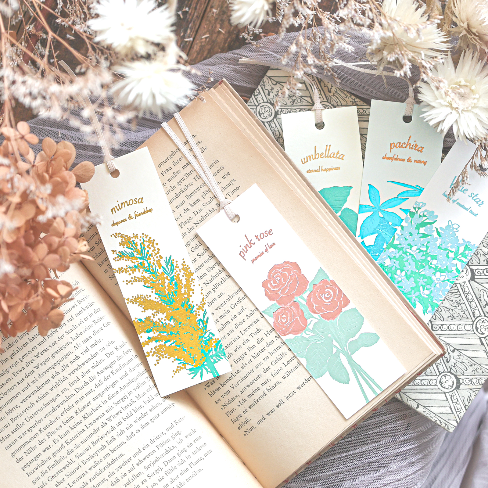 【Hakuoshi Botanical】 箔押しボタニカル　しおり&ブックカバー 栞 ブックマーク