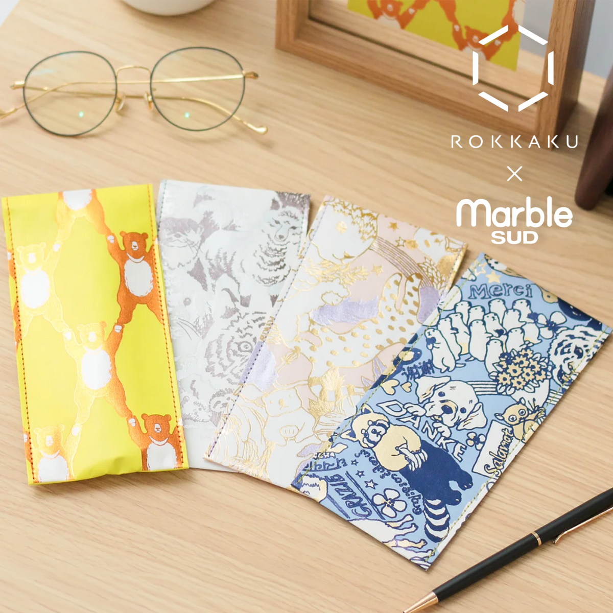 【ROKKAKU×marble SUD】箔押しスリムポーチ 小物入れ 動物 日本製
