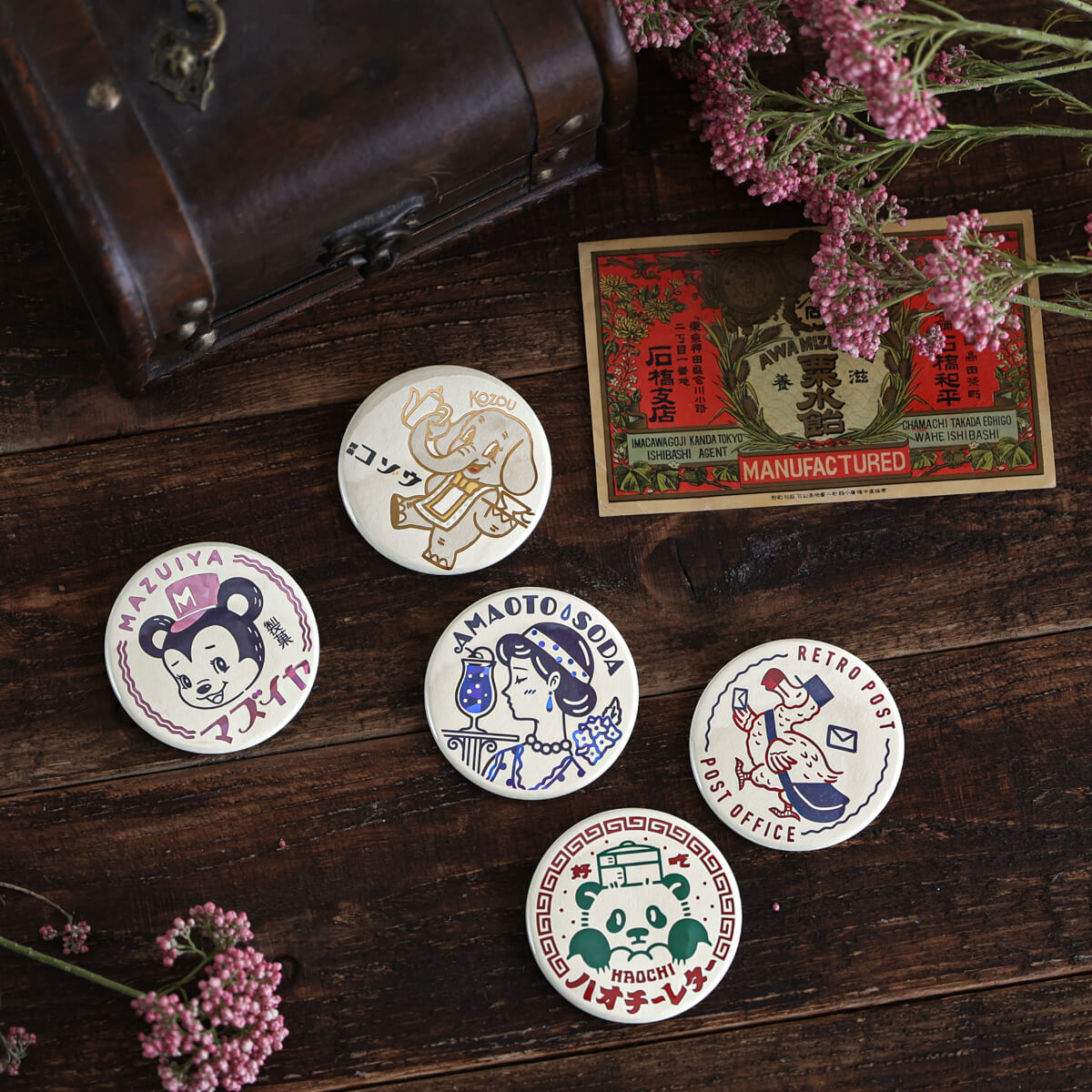 【ROKKAKU×オビワン】ob1toy レトロ郵便シリーズ 缶バッジ 箔押し