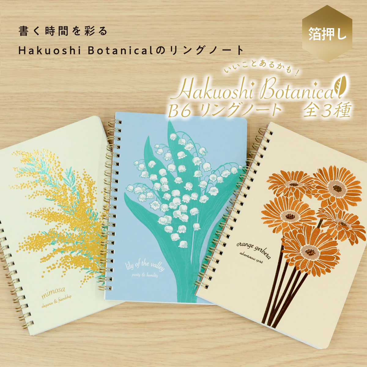 【Hakuoshi Botanical】箔押しボタニカル 日本製 B6リングノート