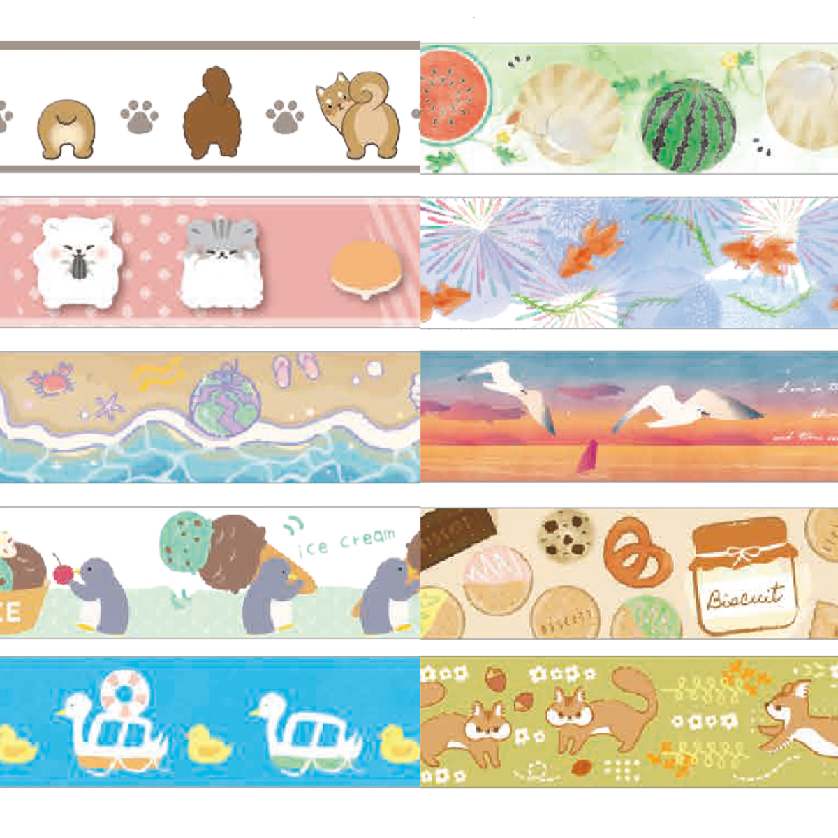 【SAIEN】オリジナルシリーズ マスキングテープ15mm 和紙 ハムスター&ペンギン&海&花火