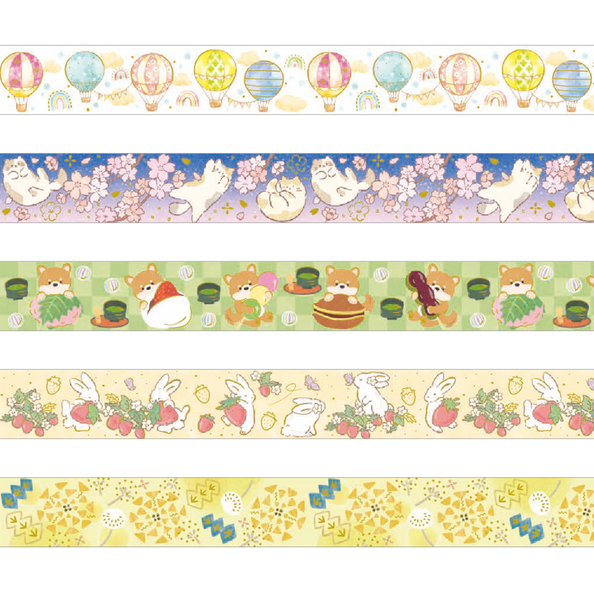 【SAIEN】オリジナルシリーズ 金箔&銀箔 マスキングテープ15mm 和紙 柴犬&うさぎ&たんぽぽ