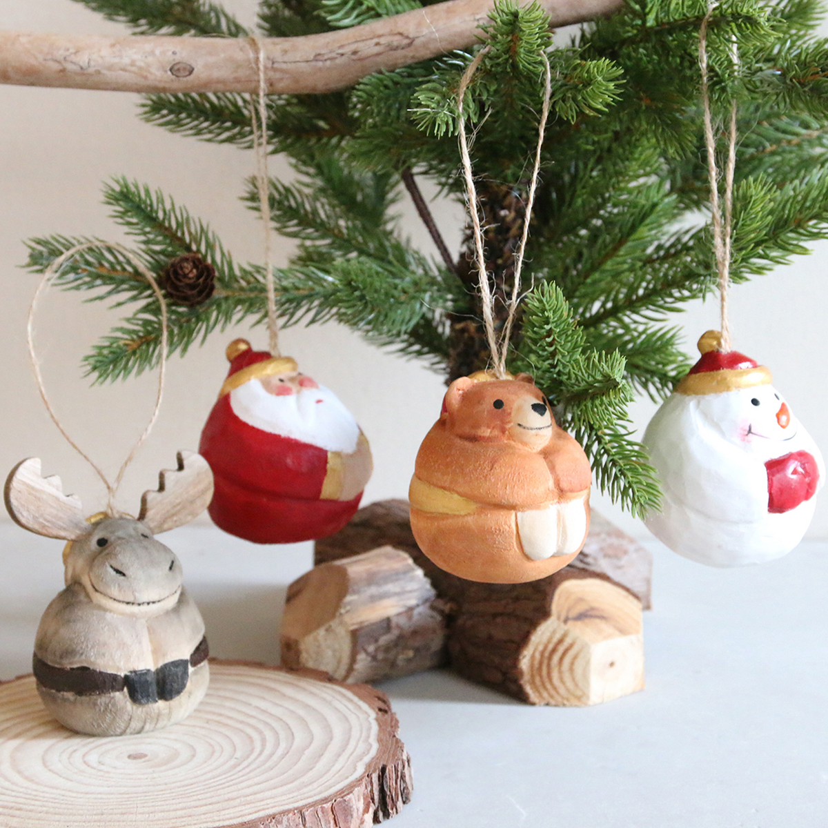 《予約：4/17（金）受注締切》【クリスマス】木製オーナメント サンタ＆スノーマン オブジェ