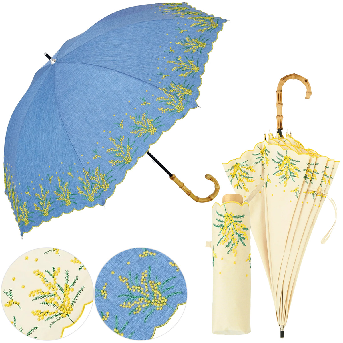 【because ビコーズ】ミモザ刺繍 長傘&折りたたみ傘 折傘 晴雨兼用 雨傘 日傘 UVカット
