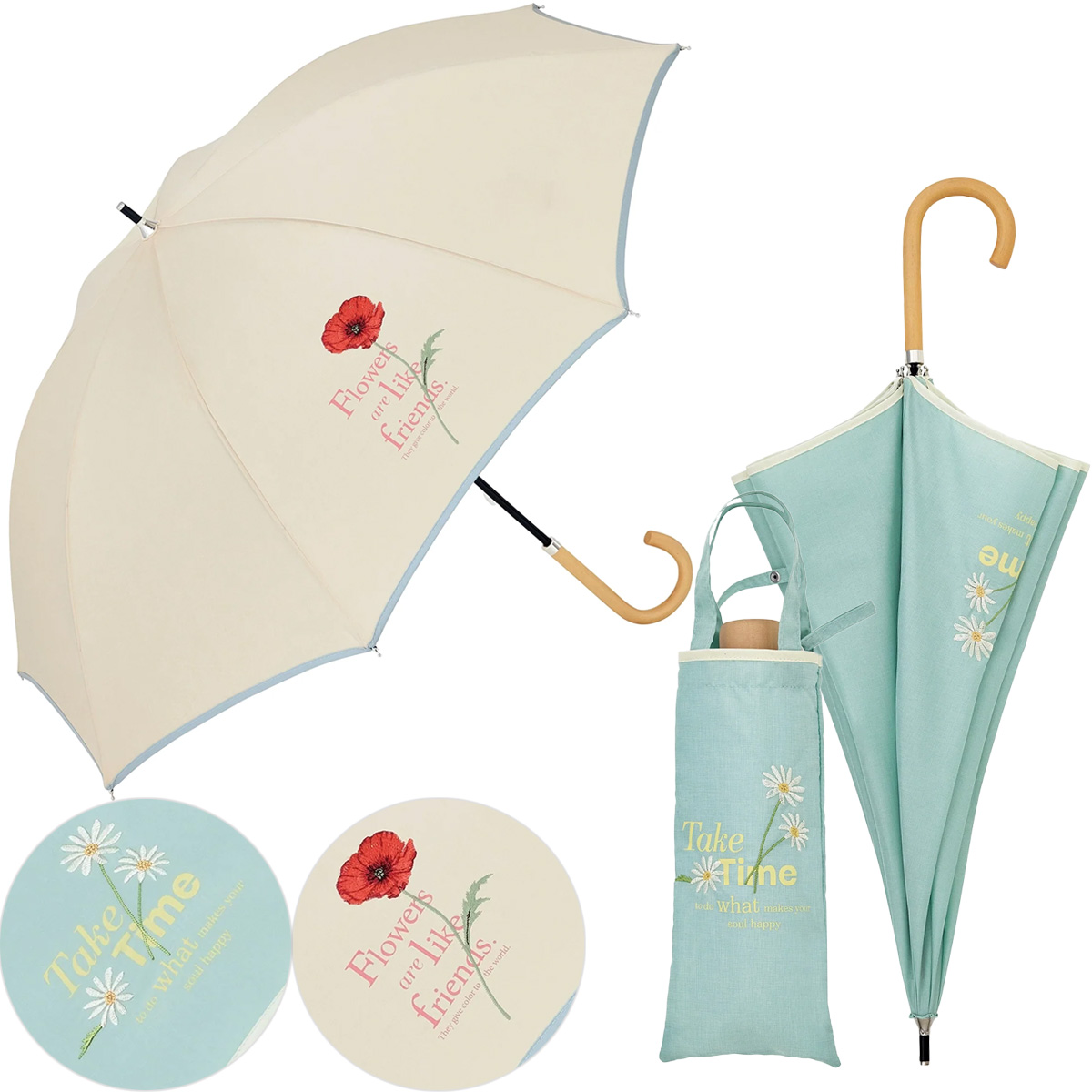 【because ビコーズ】タイポフラワー刺繍 長傘&折りたたみ傘 折傘 晴雨兼用 雨傘 日傘 UVカット