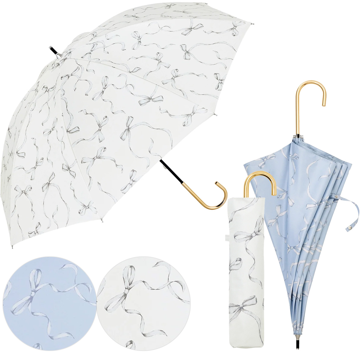 【because ビコーズ】PUリボンプリント 長傘&折りたたみ傘 折傘 晴雨兼用 雨傘 日傘 UVカット100%