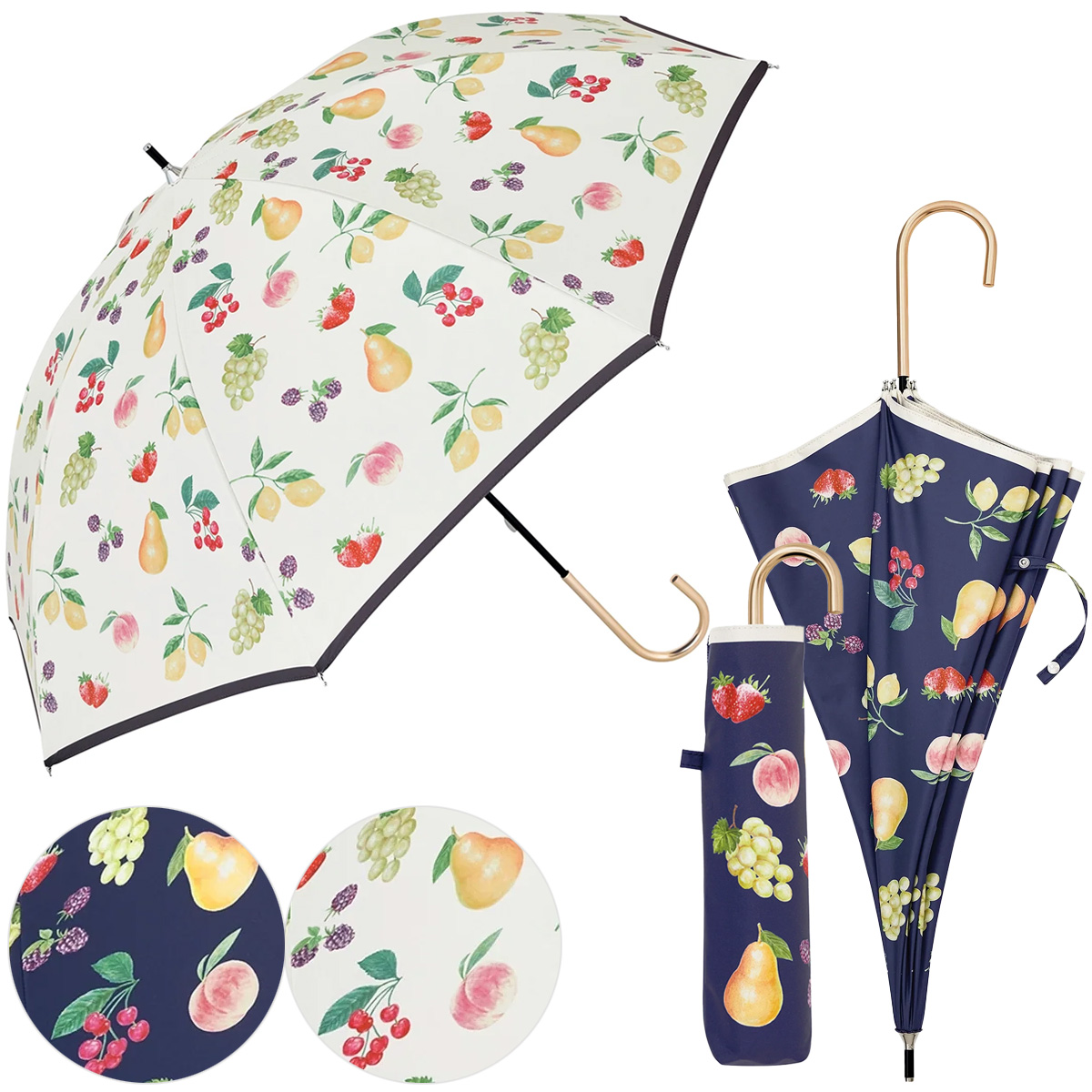 【because ビコーズ】PUフルーツプリント 長傘&折りたたみ傘 折傘 晴雨兼用 雨傘 日傘 UVカット100%