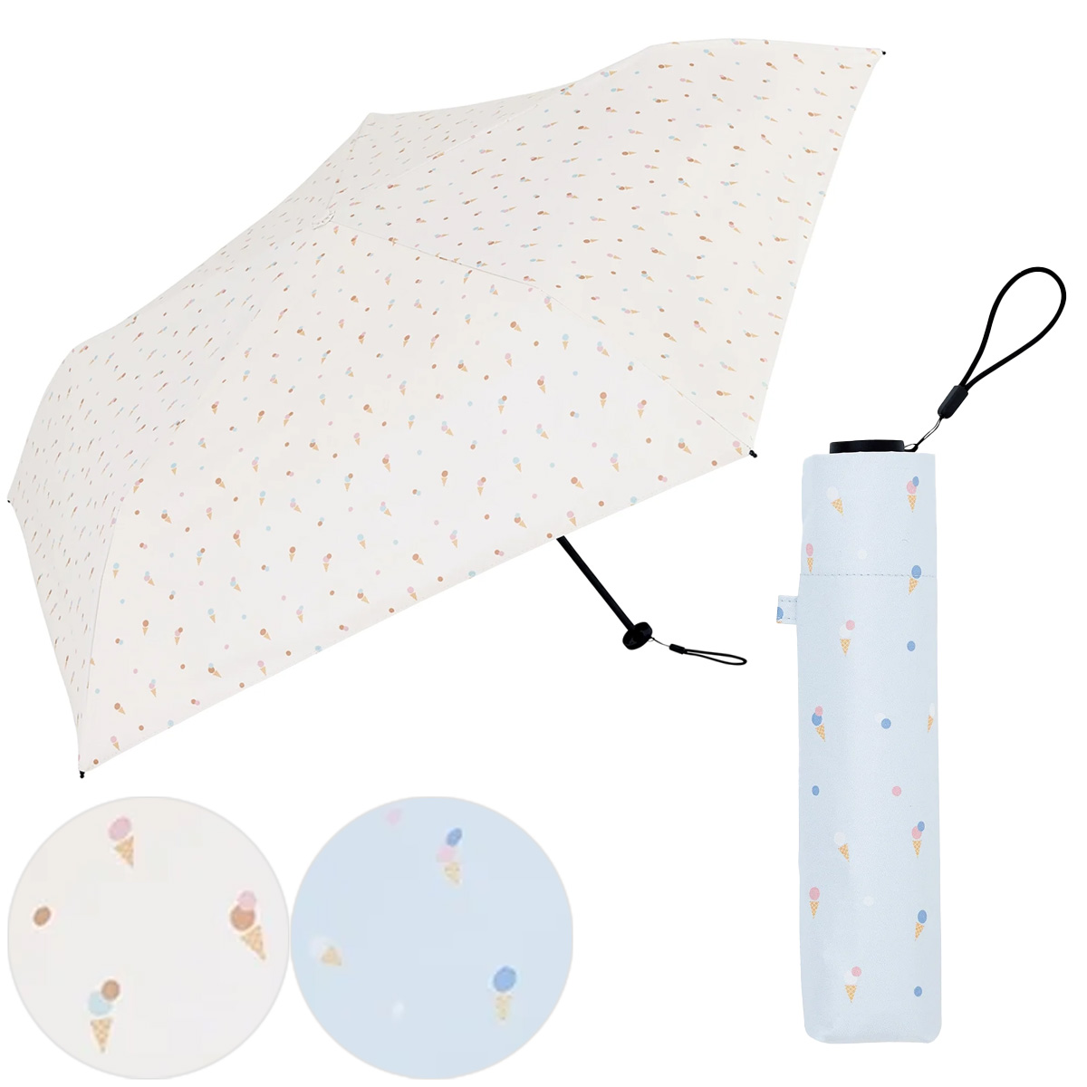 【because ビコーズ】PUスーパーライト/アイスクリーム ミニ 折りたたみ傘 折傘 晴雨兼用 雨傘 日傘 UVカット100% 軽量