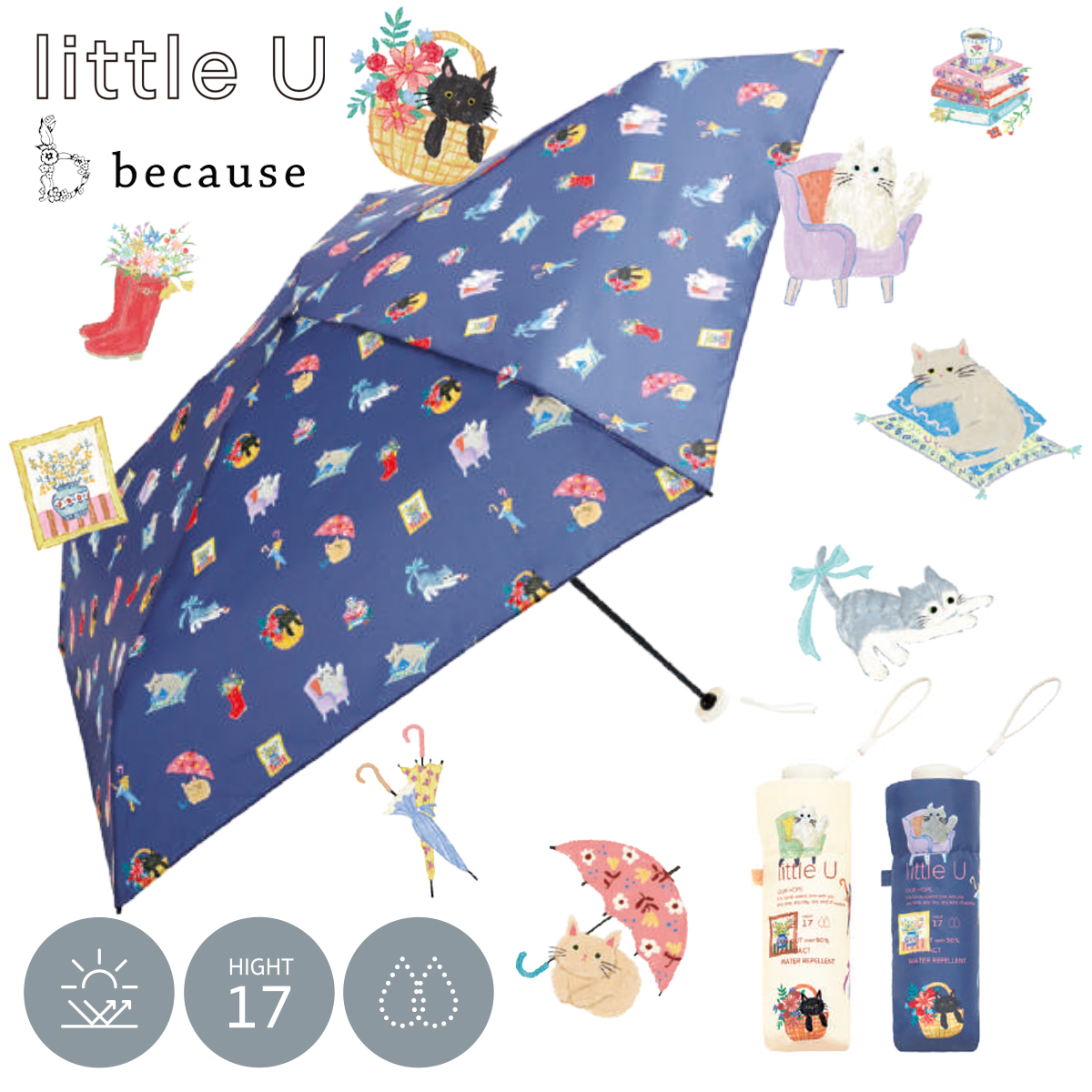 【because ビコーズ】リトルユー キャットライフ ミニ 折りたたみ傘 折傘 晴雨兼用 雨傘 日傘 コンパクト 軽量 猫