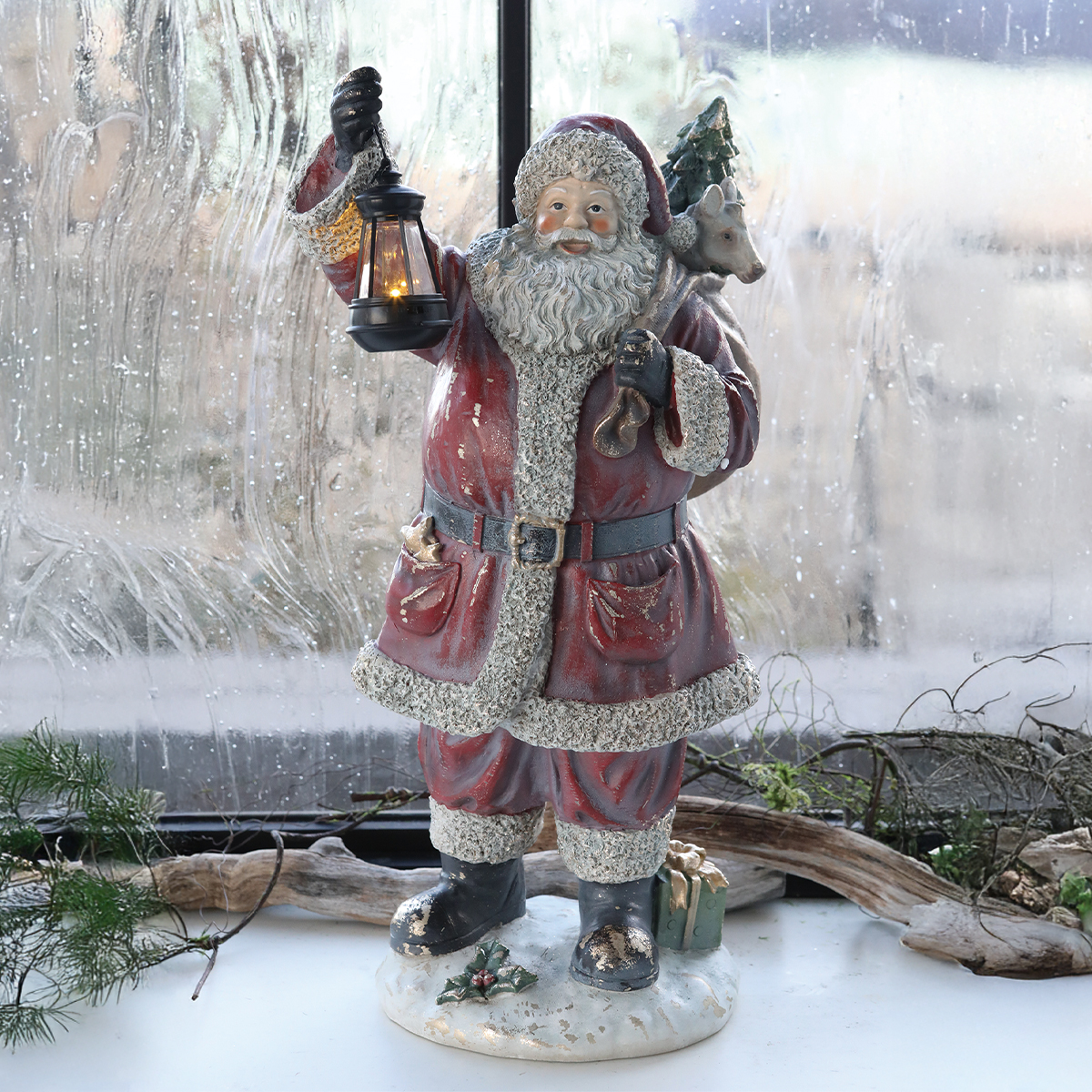 【クリスマス】コーリング・サンタ LEDライト＆ブロンズエルク・ビロウ 置物
