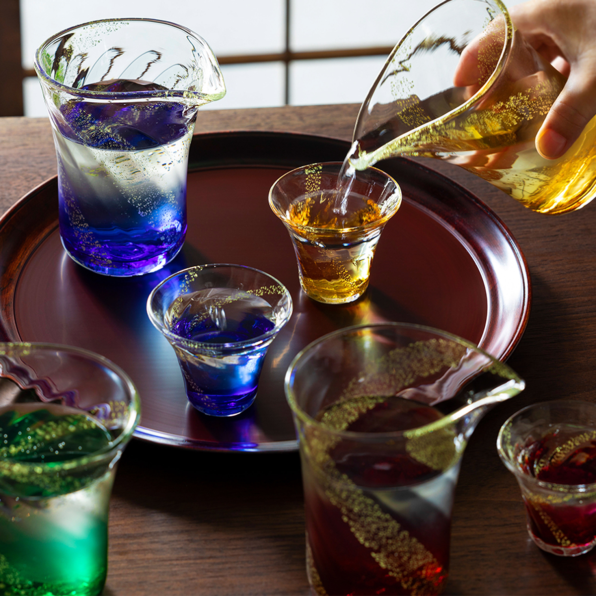 日本製【津軽びいどろ】瑞彩 酒器セット 瑠璃、琥珀、翡翠、紅玉