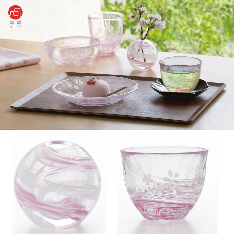 【津軽びいどろ・・日本の美しいガラス器】桜流し 一輪挿し＆グラス＆小鉢