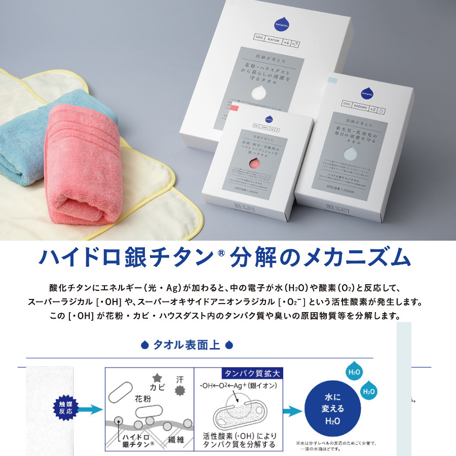 【日本製 医師と開発したクリーン技術】ハイドロ銀チタンタオルシリーズ 花粉・ハウスダスト・匂い対策に！