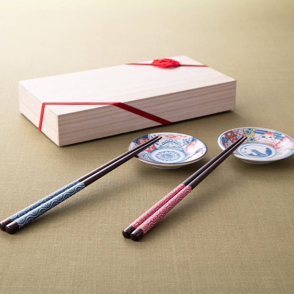 【水引ゴム付き】桐箱入り 箸＆豆皿セット ギフトセット