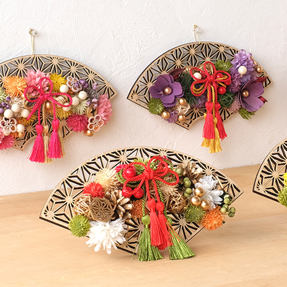 【迎春・新年のお正月飾りに】扇プレートアレンジ ジャパネスク 和風