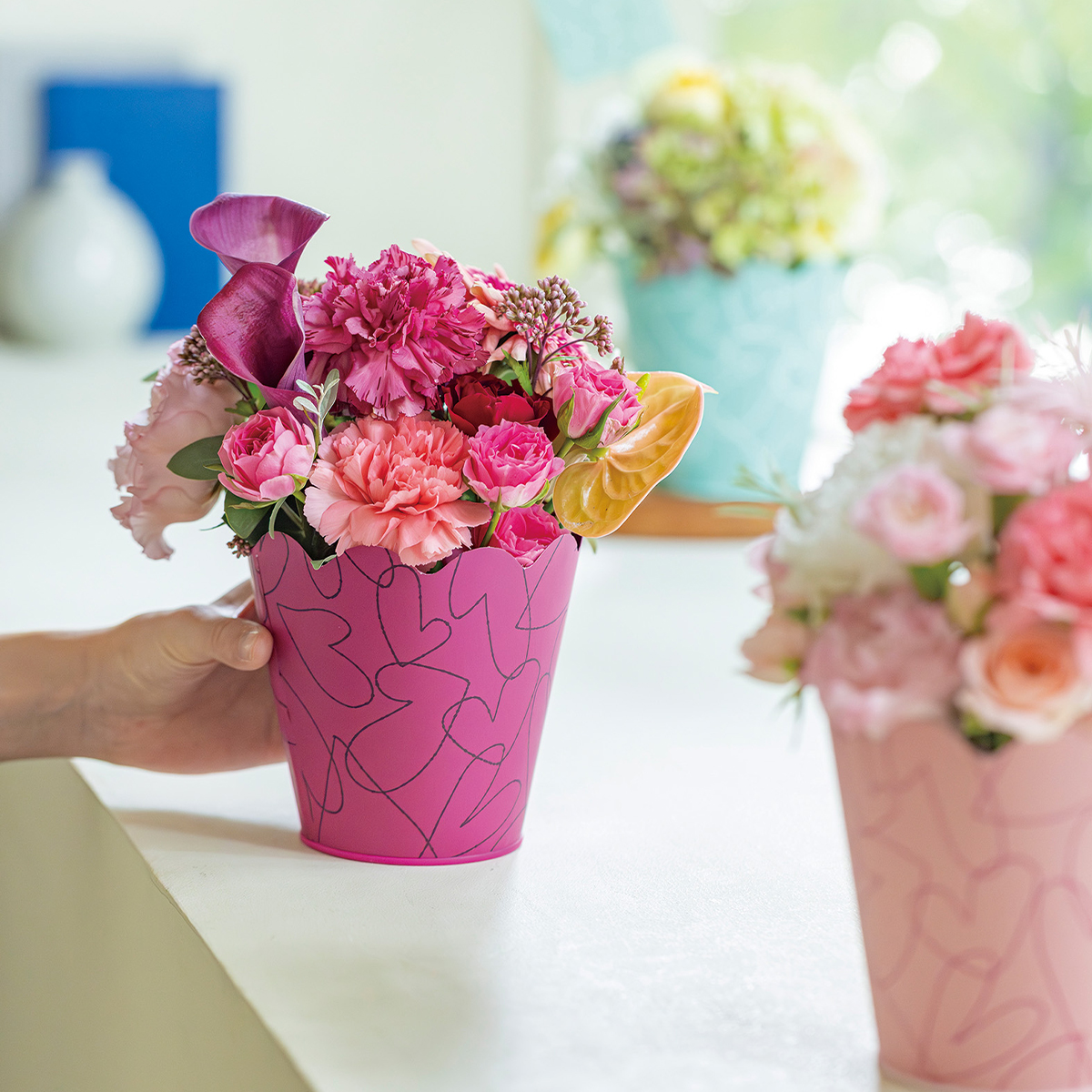 【ガーデニングやフラワーアレンジに】ラインハートブリキ&木製プレートピック シャーベットカラー フラワーポット プランター 植木鉢