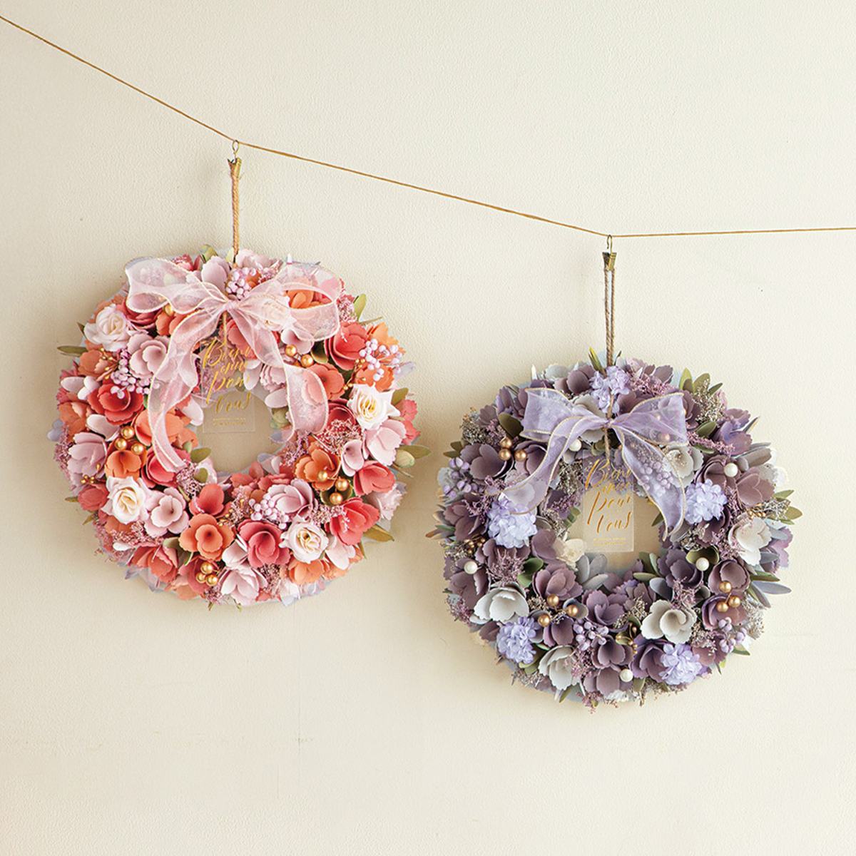 【玄関を華やかに彩る】ナチュラルリース ノーブル ブロッサムシフォン&ラベンダーシフォン