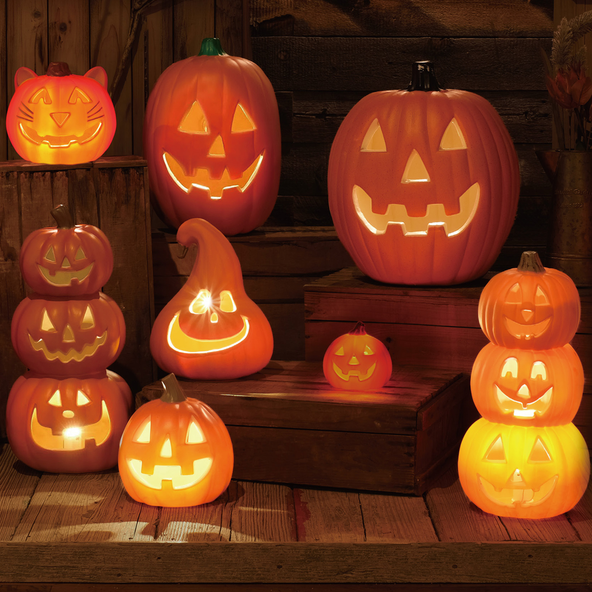 【ハロウィン】ディスプレイライト 3段かぼちゃスマイル ねこかぼちゃ インテリア雑貨