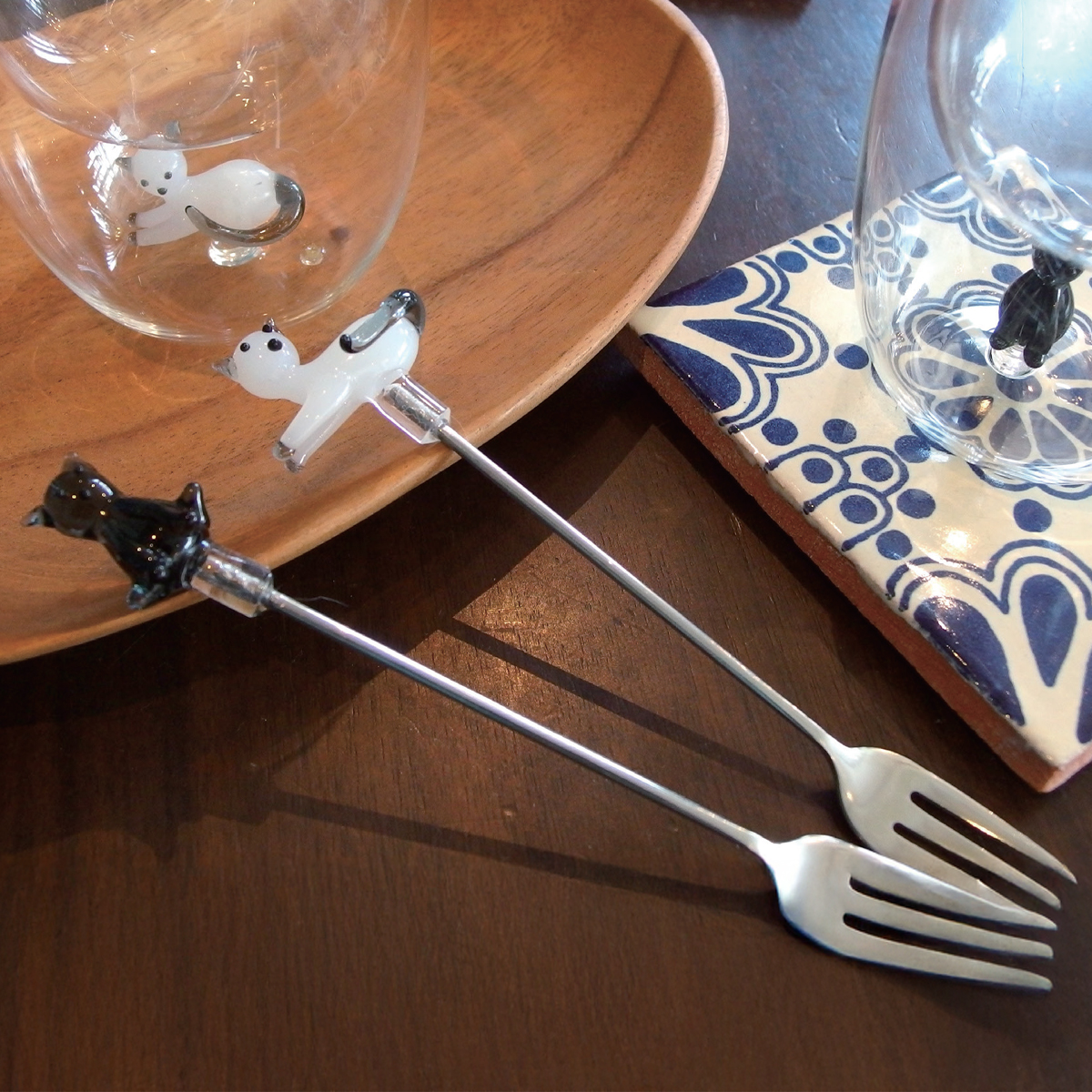 【2月上旬入荷】ガラスモチーフカトラリー スプーン キャット白猫 黒猫 フォーク マドラー
