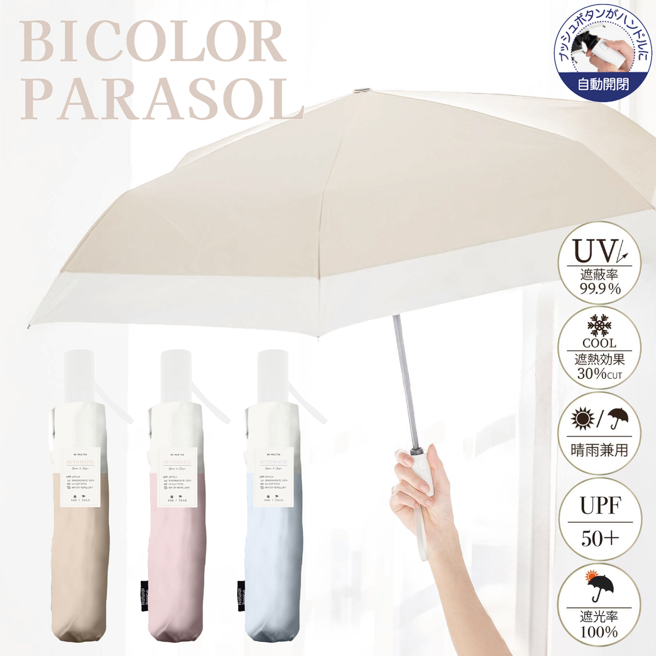 【中谷】UV バイカラー 自動開閉折傘 折りたたみ傘 晴雨兼用×自動開閉×軽量コンパクト