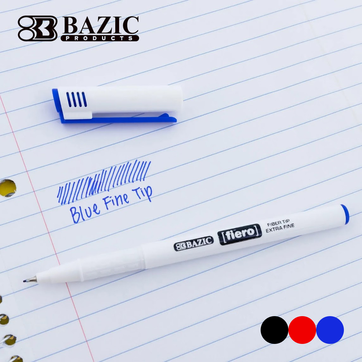 【BAZIC/ベイジック】ファイバーチップペン 4本セット 0.4mm ボールペン ブラック・ブルー・レッド