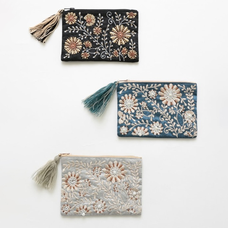 【東京かんかん】ビーズ刺繍ミニフラットポーチ ハンドメイド