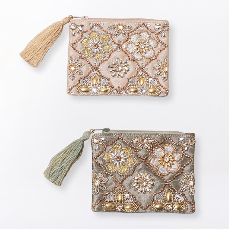 【東京かんかん】ビーズ刺繍フラットポーチ ベージュ&セージ ハンドメイド