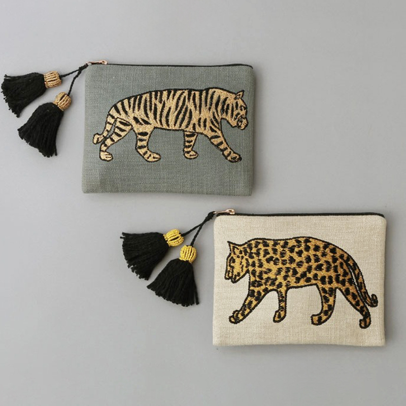 【東京かんかん】刺繍ポーチL タイガー&レオパード ハンドメイド