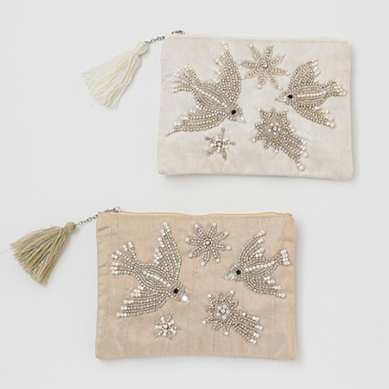 【東京かんかん】ビーズ刺繍ポーチL 鳥 ハンドメイド