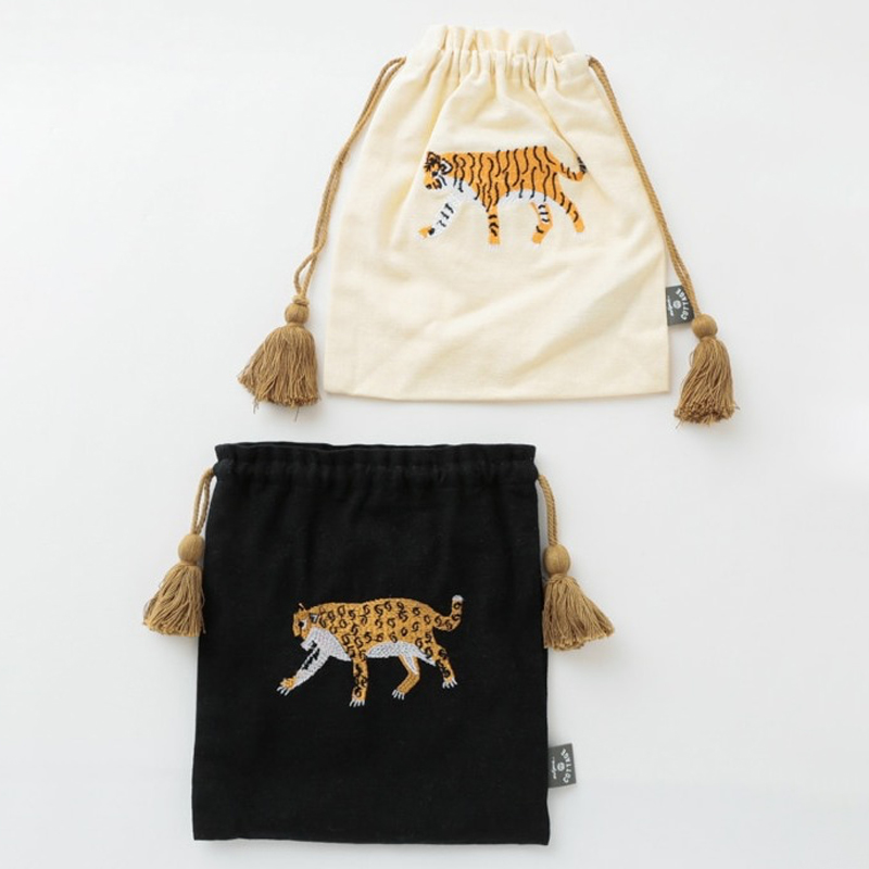 【東京かんかん】アニマル刺繍巾着L タイガー&レオパード ハンドメイド