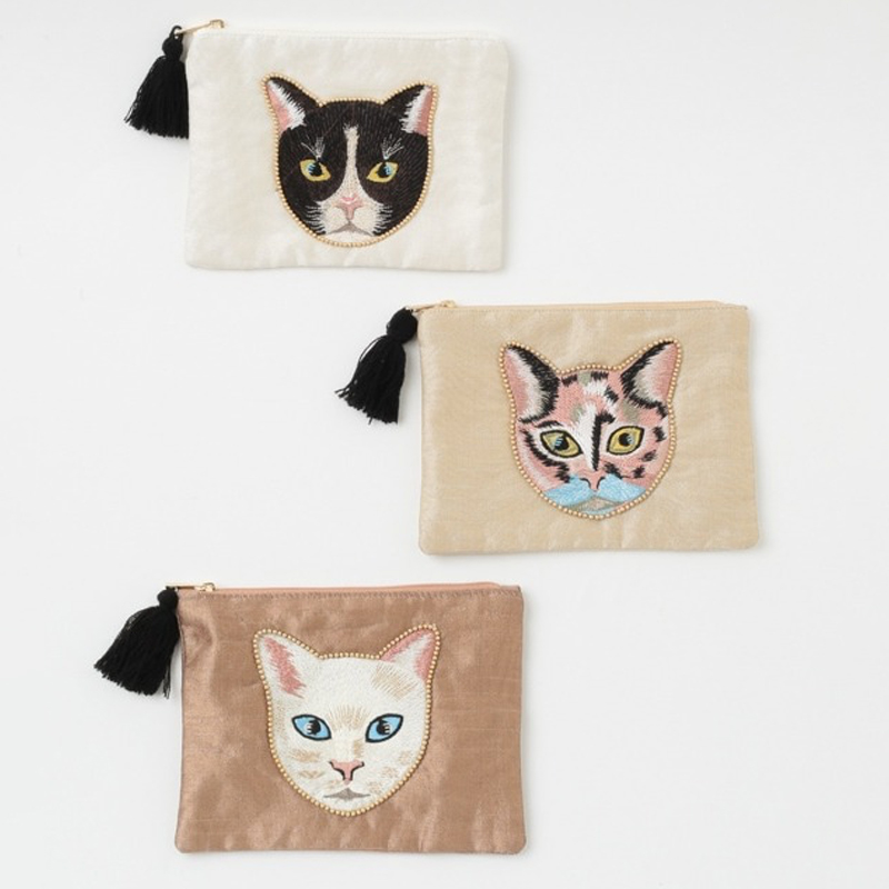 【東京かんかん】キャット刺繍フラットポーチ 猫 ハンドメイド