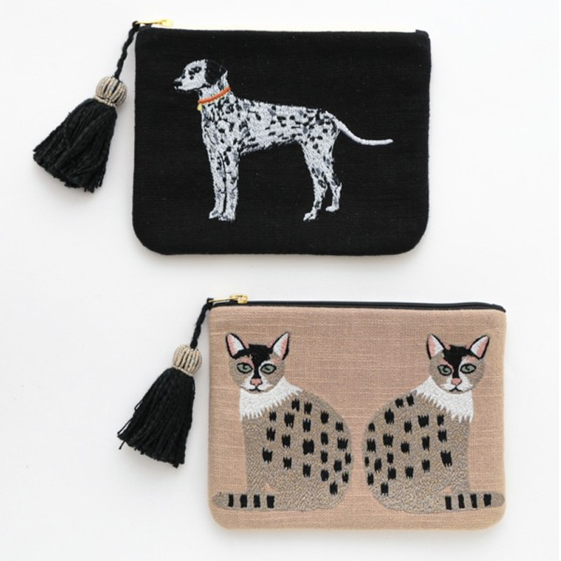 【東京かんかん】ツインキャット&ダルメシアン 刺繍ポーチ ハンドメイド 犬 猫