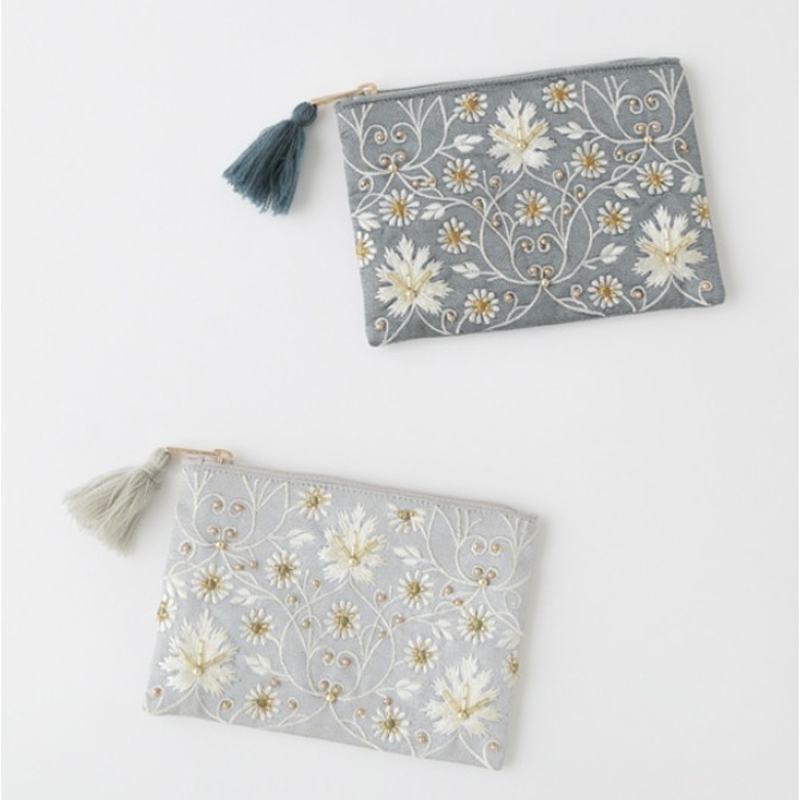 【東京かんかん】ビーズ刺繍ポーチS セージ&シルバー ハンドメイド