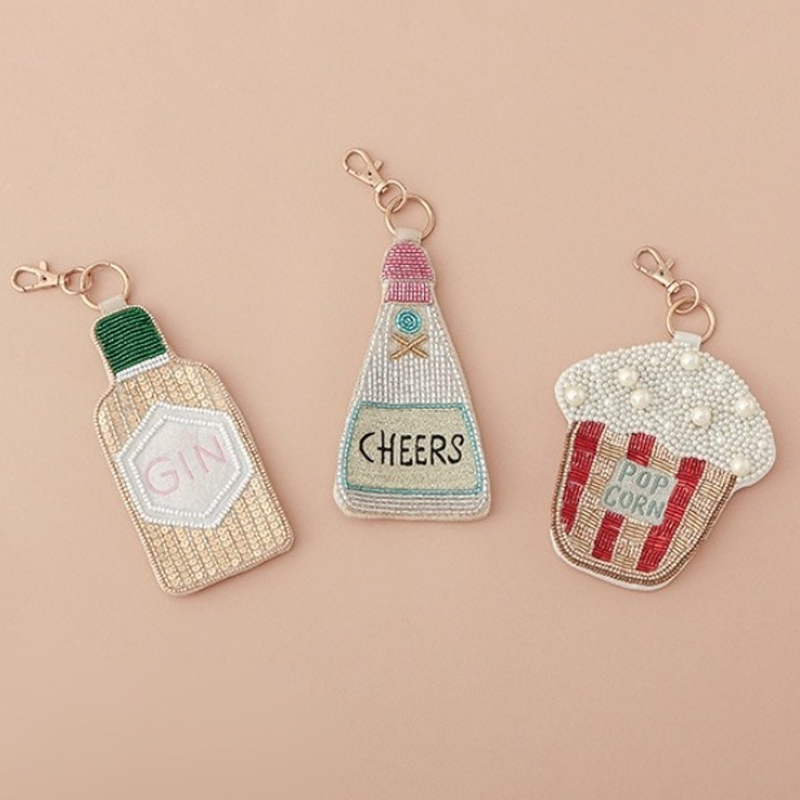 【東京かんかん】ビーズ刺繍キーポーチ パーティ 食べ物&お酒 ハンドメイド
