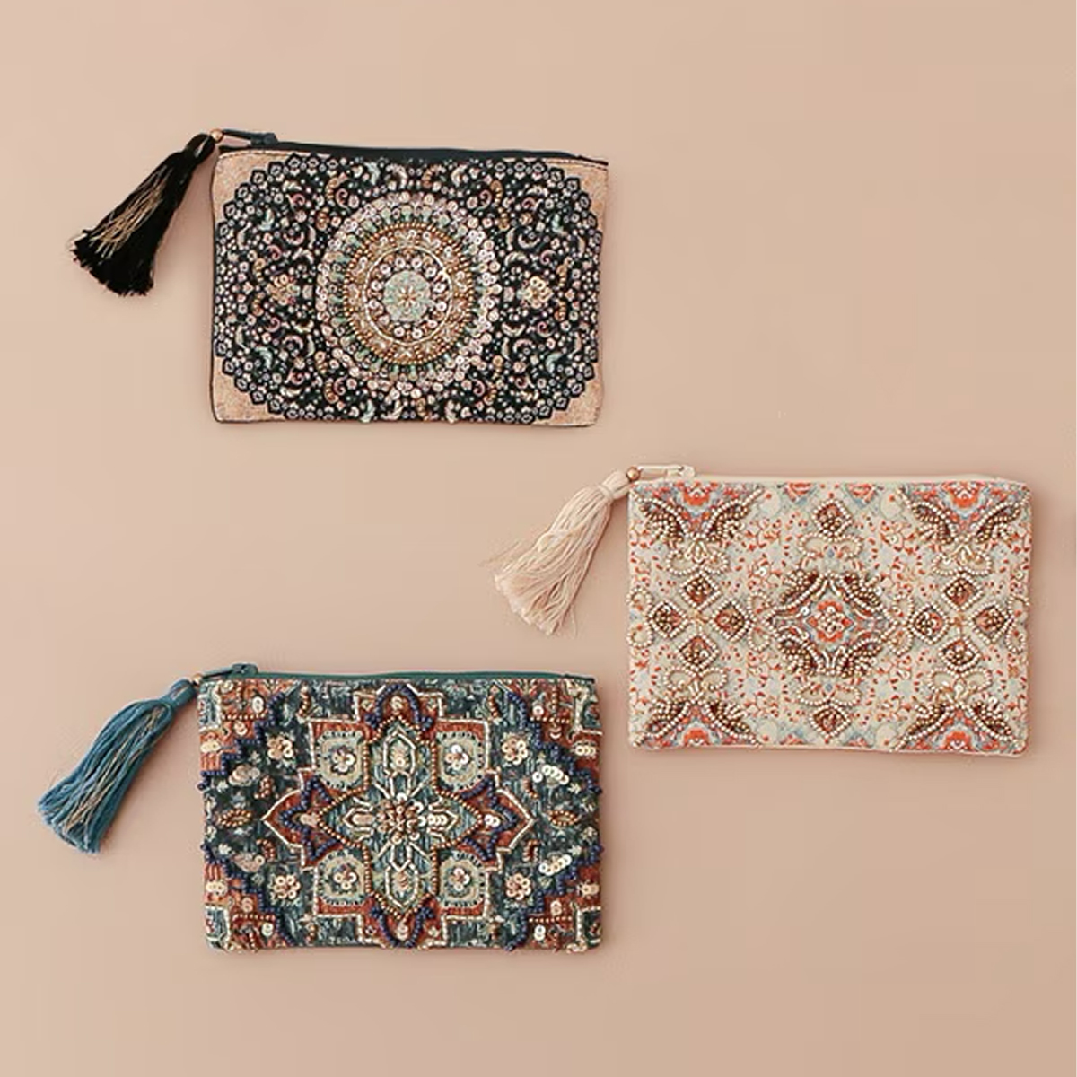 【東京かんかん】プリント＆ビーズ刺繍 ポーチS 小物入れ 化粧ポーチ