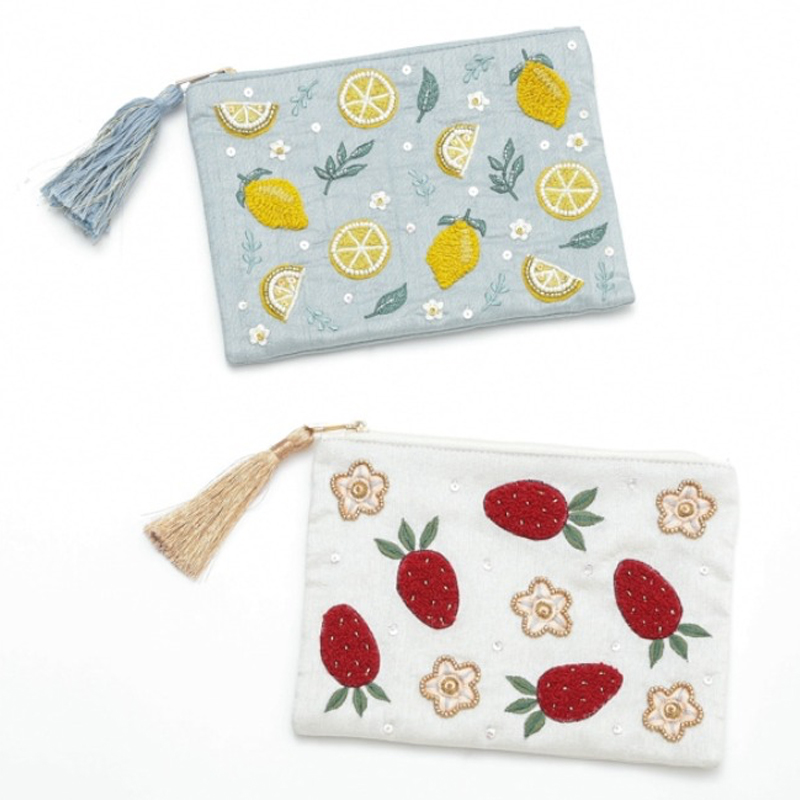【東京かんかん】ビーズ刺繍ポーチL いちご&レモン ハンドメイド