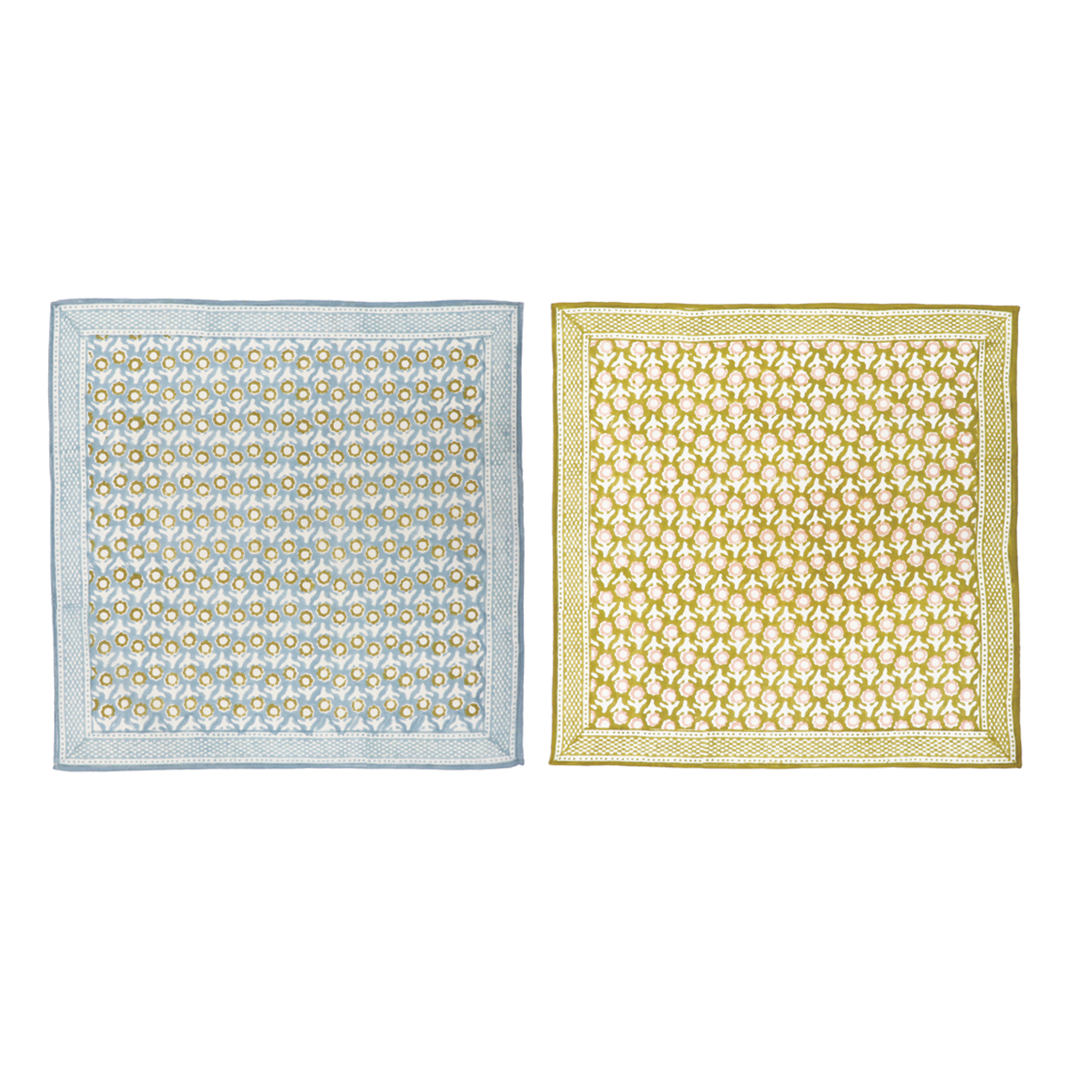 【東京かんかん】ブロックプリントハンカチ ブルー＆カーキ 綿100%