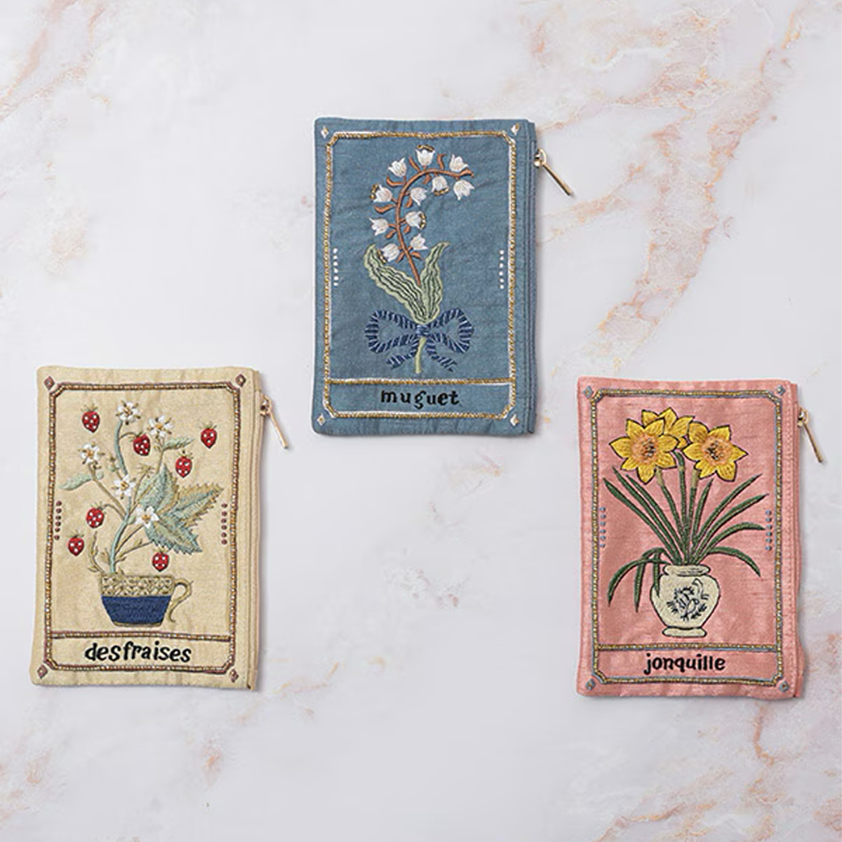 【東京かんかん】ボタニカル刺繍 ポーチ イチゴ スズラン スイセン 小物入れ