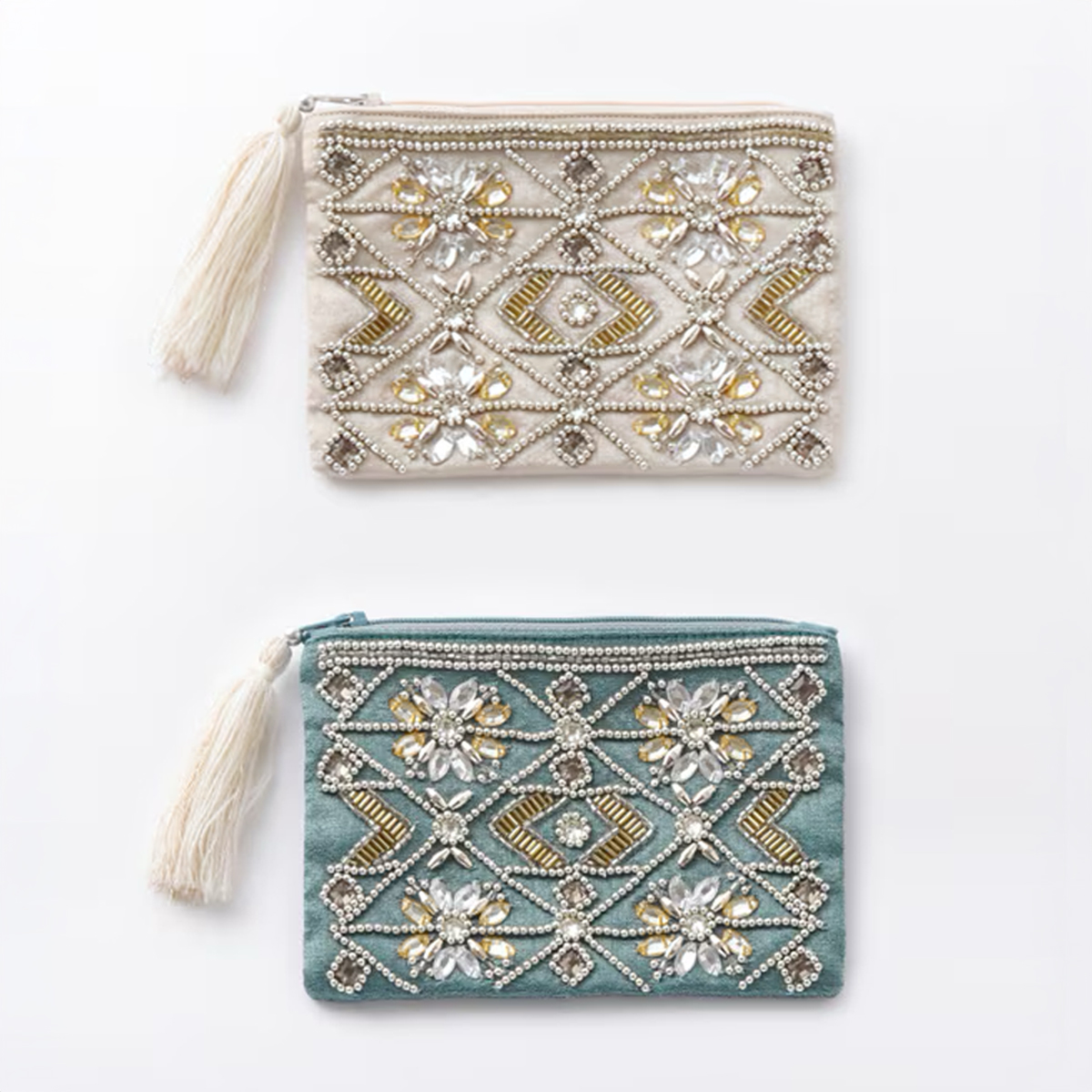 ビーズ刺繍ミニフラットポーチ 小物入れ