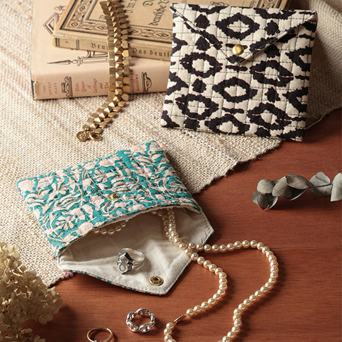 ブロックプリントフラットポーチ 小物入れ