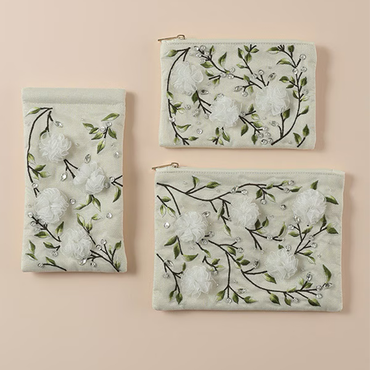 リボンフラワー刺繍 眼鏡ケース＆刺繍ポーチS＆Lサイズ