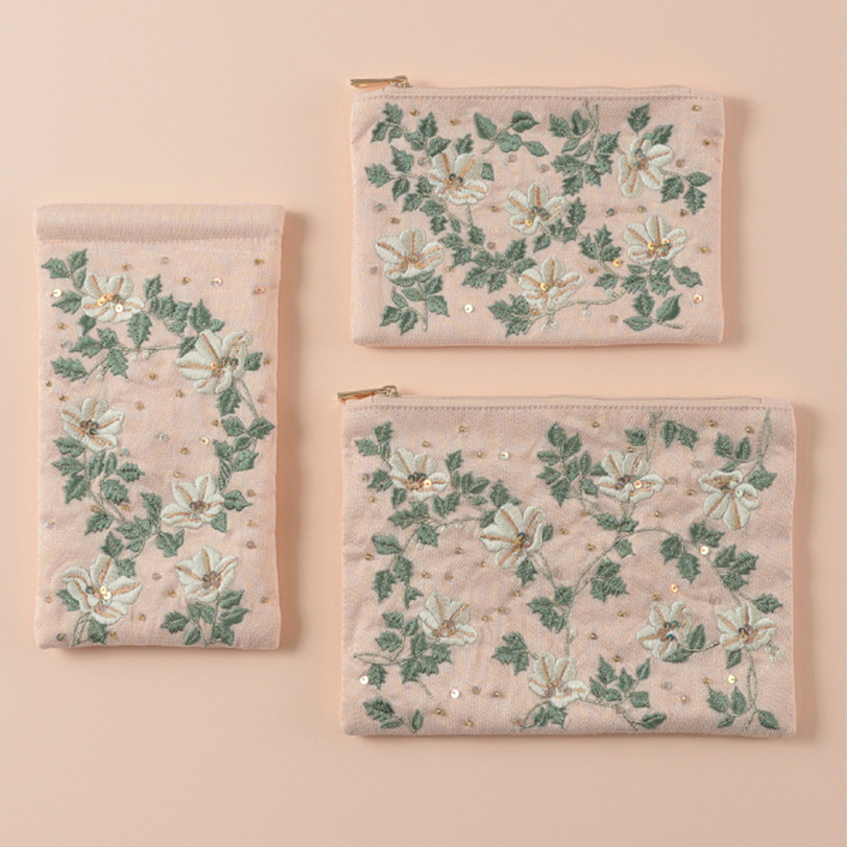 フラワー刺繍 眼鏡ケース＆刺繍ポーチS＆Lサイズ