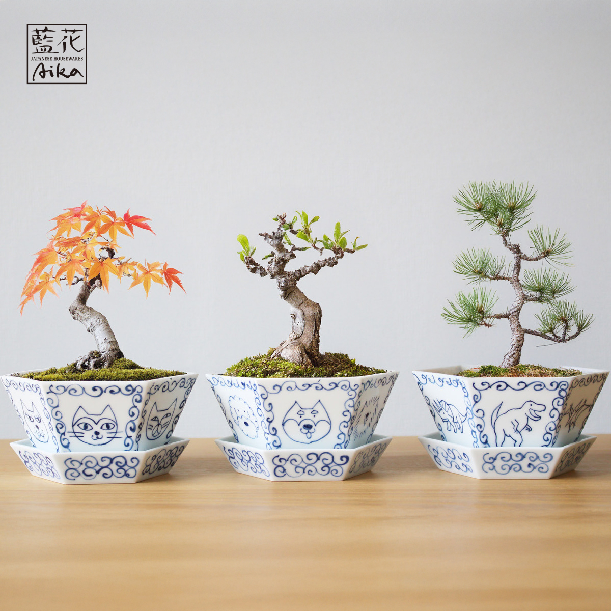 【藍花】日本製 六角植木鉢 プラントポット 猫・犬・恐竜